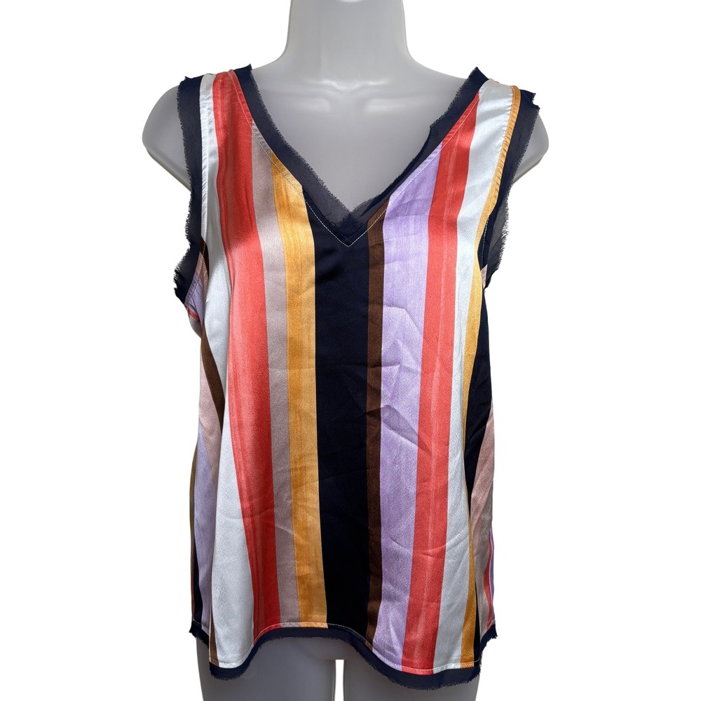 Halogen‎ Multicolor Striped Sleeveless V-Neck Eyelash Trim Tank Top Womens Small